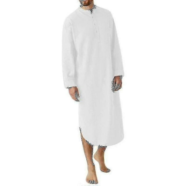 Vêtements de Nuit Musulmans en Coton : Chemise de Nuit Douce une Pièce pour Hommes, Longue Robe de Pyjama Unie Hk