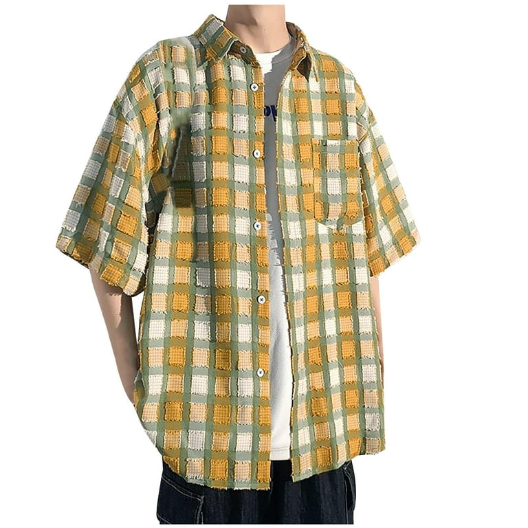 VSSSJ Button Down Shirt for Men Big and Tall Vintage Plaid Tweed Short  Sleeve Collar Front Pocket Tee Shirts Casual Lightweight Home Shirt Blouse 
