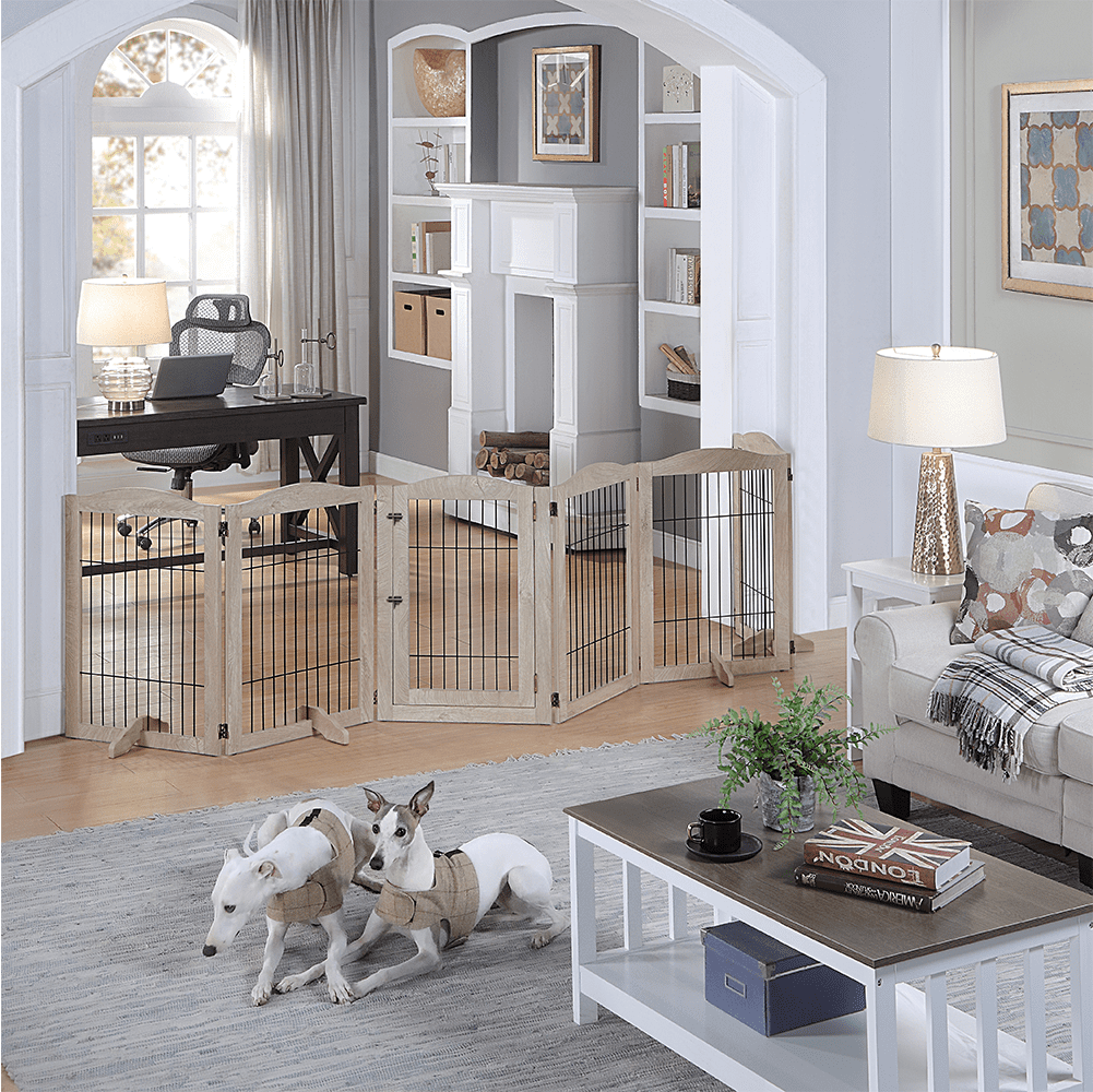Unipaws Extra Wide Freestanding Dog Gate, 6 Panels Pet Playpen with Wood and Wire, Walk Through Dog Gate with 5 Support Feet