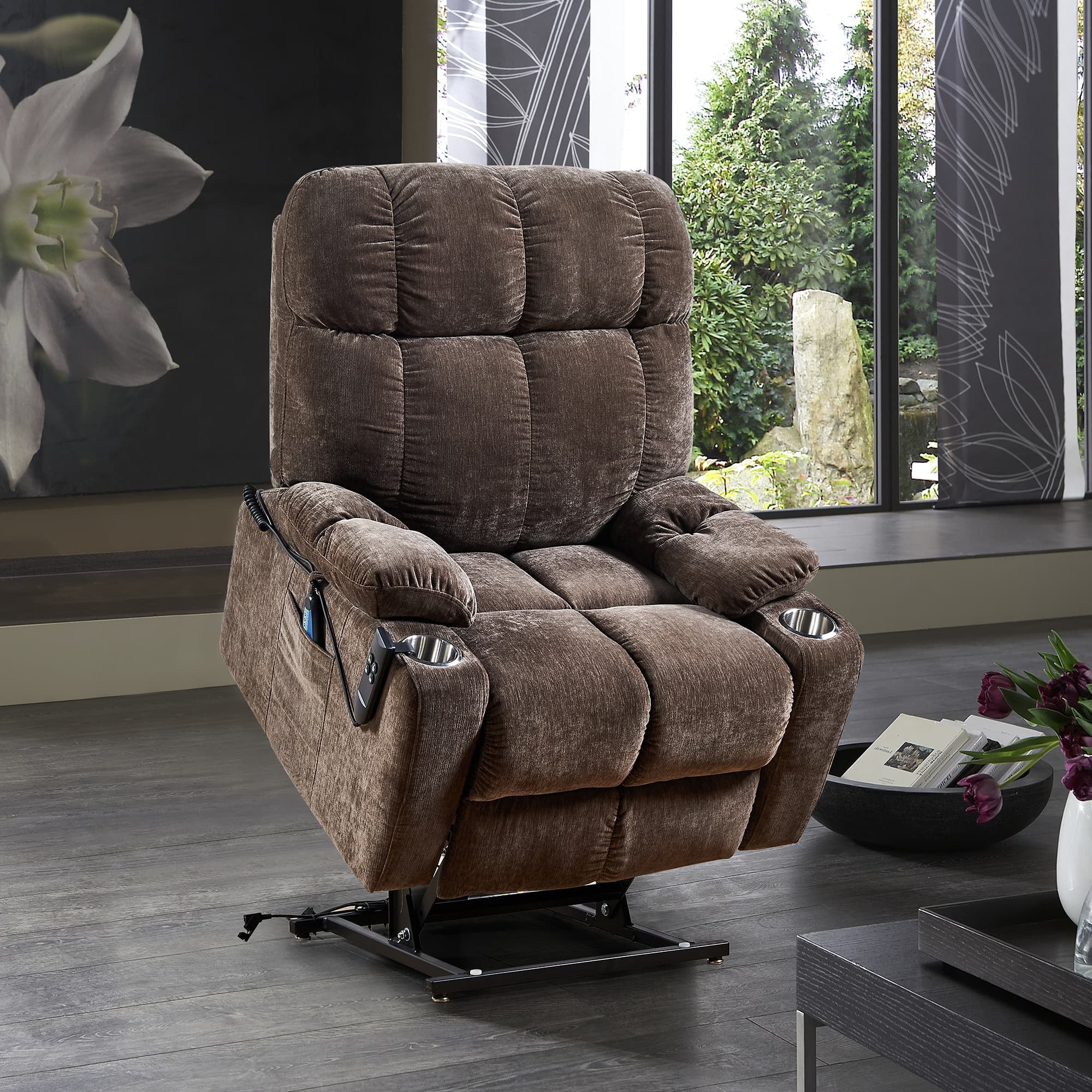 MAYEERTY Motor Power Lift Recliner Chair with Massage & Heat for Elderly, Infinite Position, 180°Lay Flat, Cup Holders