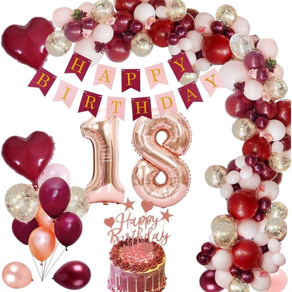YANSION 18th Birthday Rose Gold Decorations Burgundy Decorations with Foil Balloon Wine Red Rose Gold Confetti Balloons Banner for Girl Woman Birthday Anniversary Party Favors