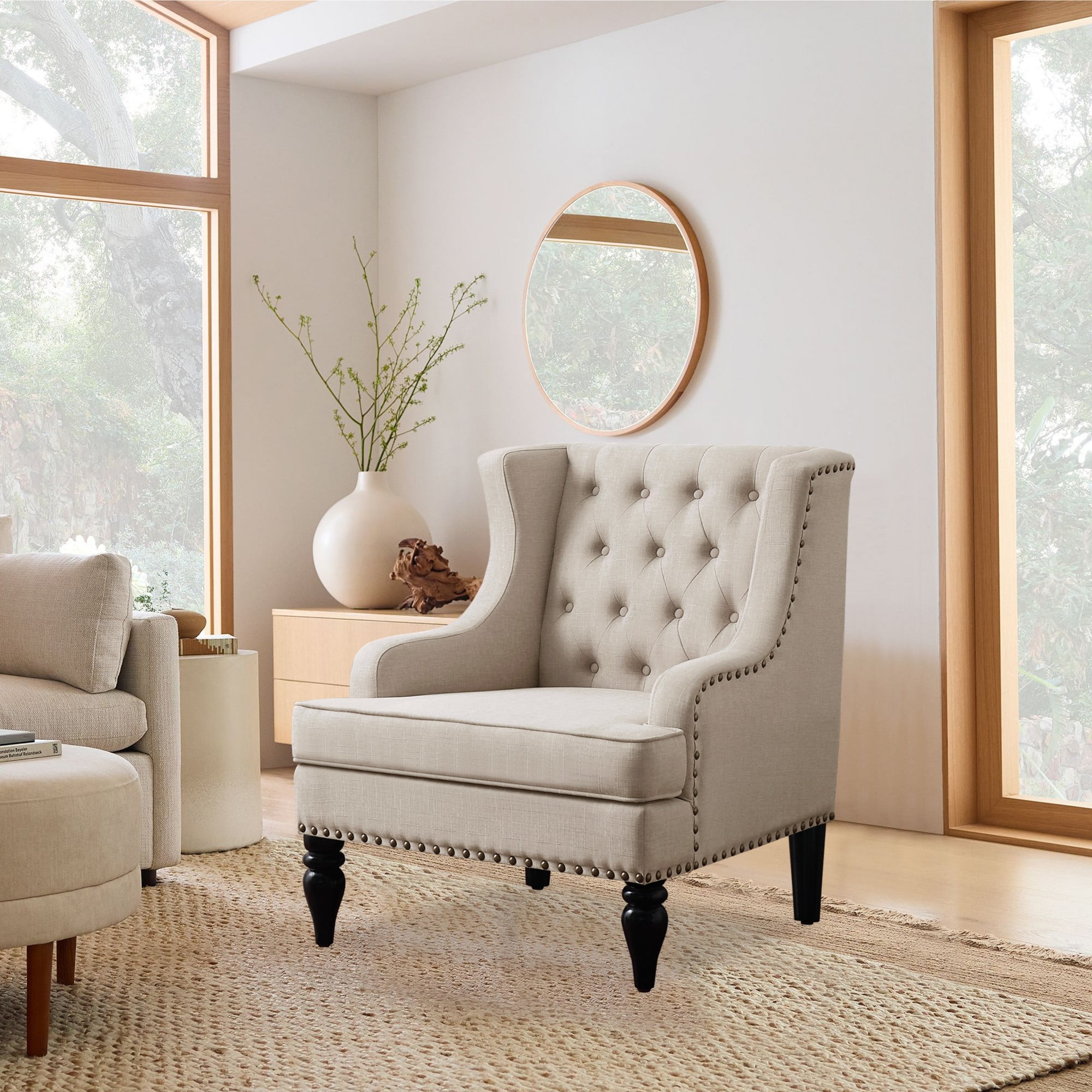 Gewnee Linen Accent Chair/Armchair with Solid Rubberwood Legs - Beige, Suitable for Living Room & Balcony