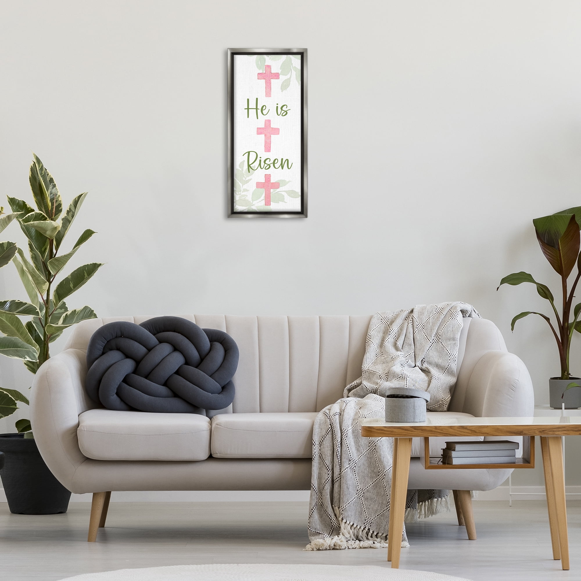 Stupell Industries He Is Risen Proverb Religious Painting Gray Floater Framed Art Print Wall Art, 11 x 25