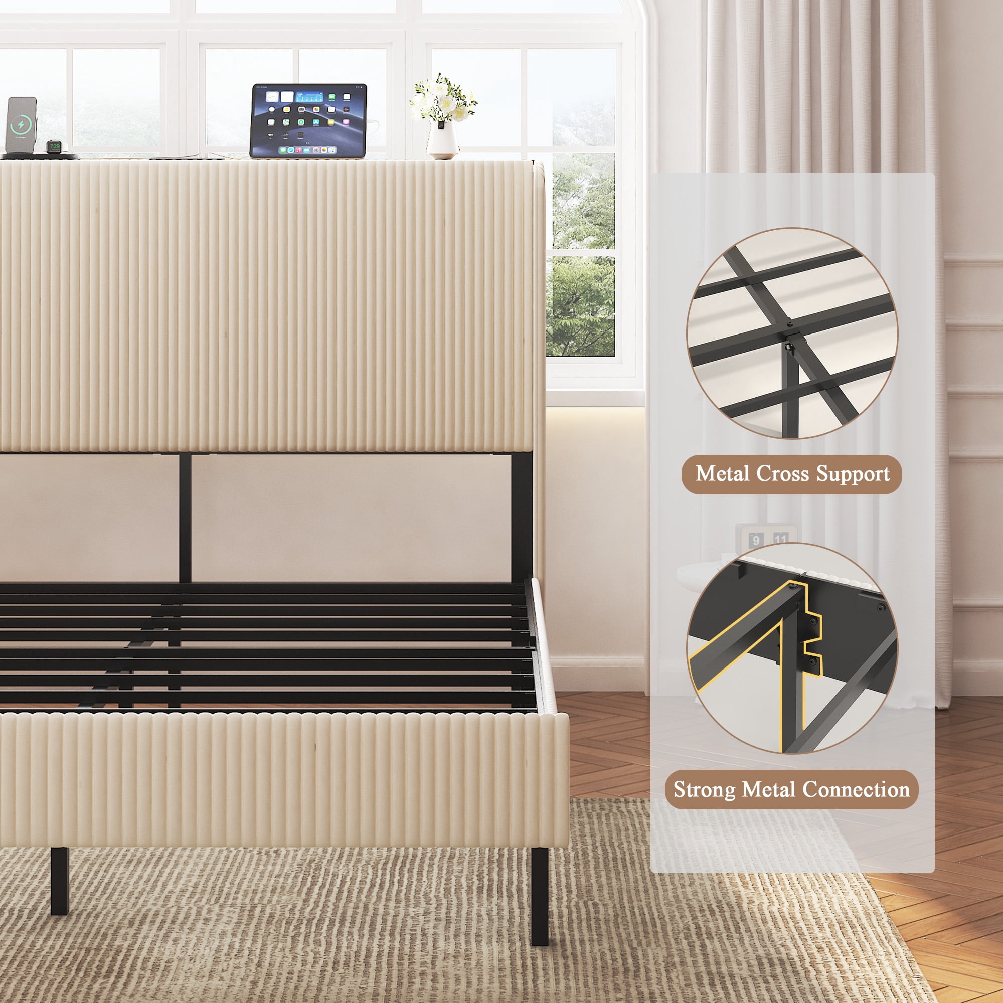 Yoneston Queen Size Platform Bed Frame with Velvet Upholstered Headboard Storage Shelf and USB Port Charging Station for Bedroom, Beige