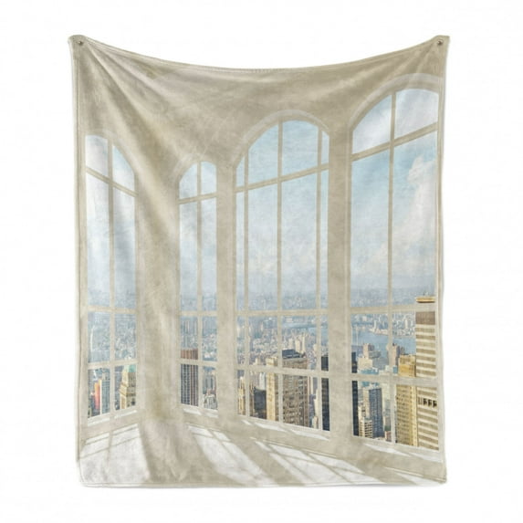 Modern Soft Flannel Fleece Throw Blanket, Big White Contemporary Apartment Flat Overlooking the City Urban View Print, Cozy Plush for Indoor and Outdoor Use, 50" x 60", White Baby Blue, by Ambesonne