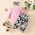 thumbnail image 3 of HCNTES Baby Girl Clothes Toddler Baby Girl Clothes Newborn Infant Outfits Ruffle Cartoon Cow Prints Romper Bodysuit + Soft Long Pants + Cute Headband Sets For 3 6 9 12 18 Months Dailywear, 3 of 6