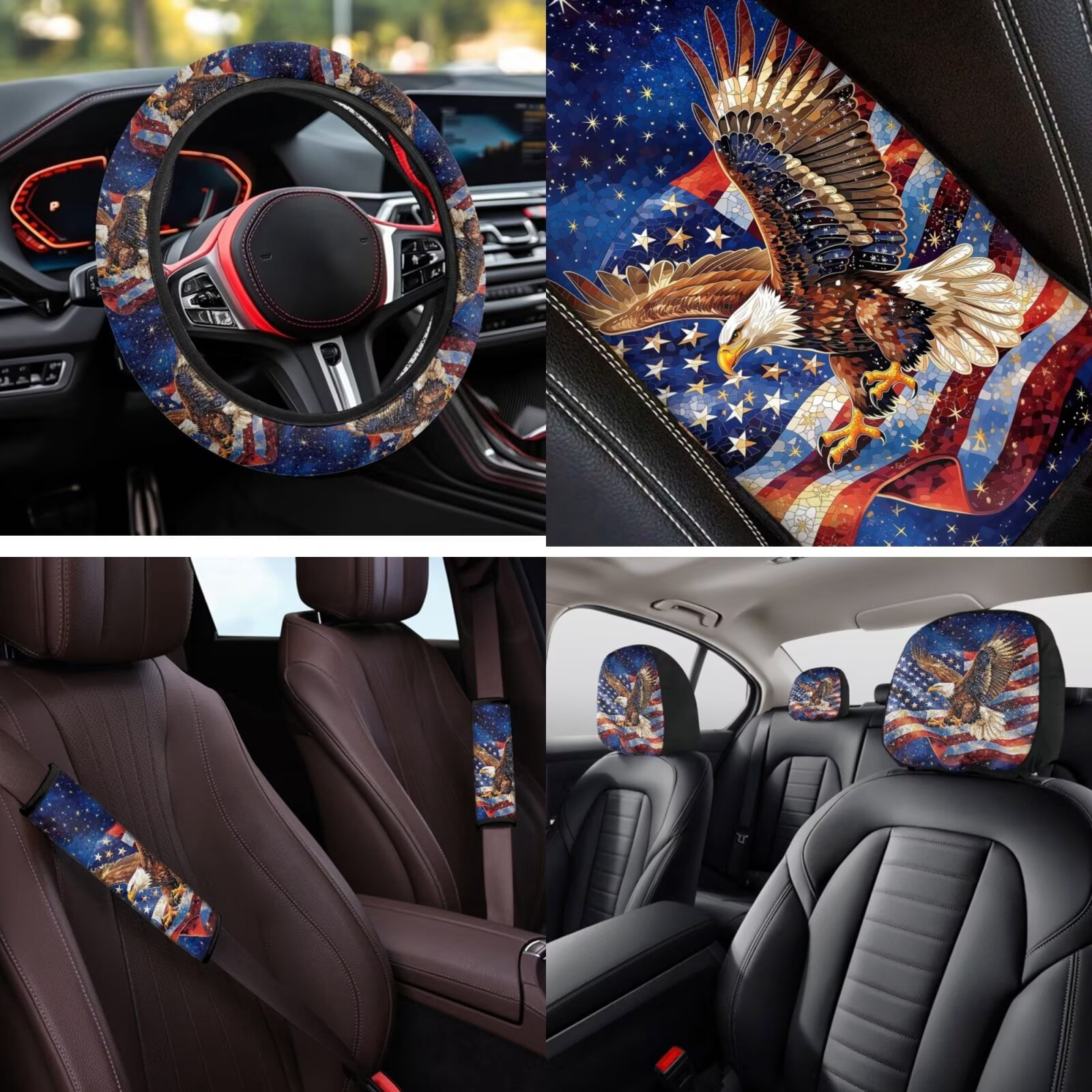 Uorisanigo Car Seat Covers Set 14 Pcs with Car Steering Wheel Cover Auto Seat Belt Cover Arm Rest Cover Head Rest Protector Universal for Auto Truck Van SUV(American Independence Day Eagle)