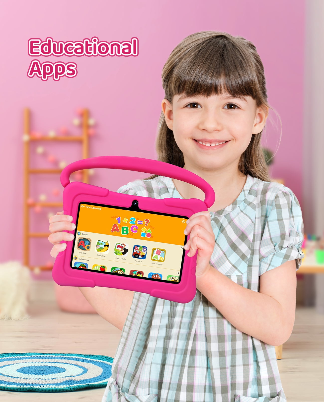 Tedupee Kids Tablet, Android 13 Kids Tablet, Quad Core Processor, 4GB(2G+2G)RAM+32GB ROM Storage, 1024 x 600 Touch Screen, WiFi, Bluetooth（Pink）