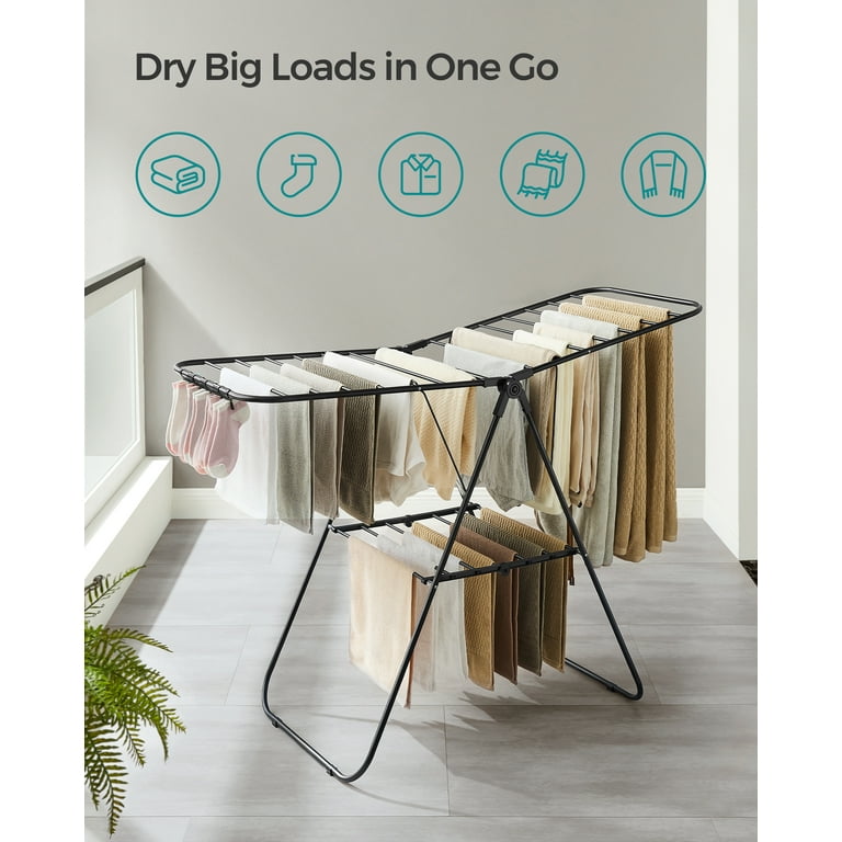 SONGMICS Foldable Clothes Drying Rack, Black, Steel, 33 Rods