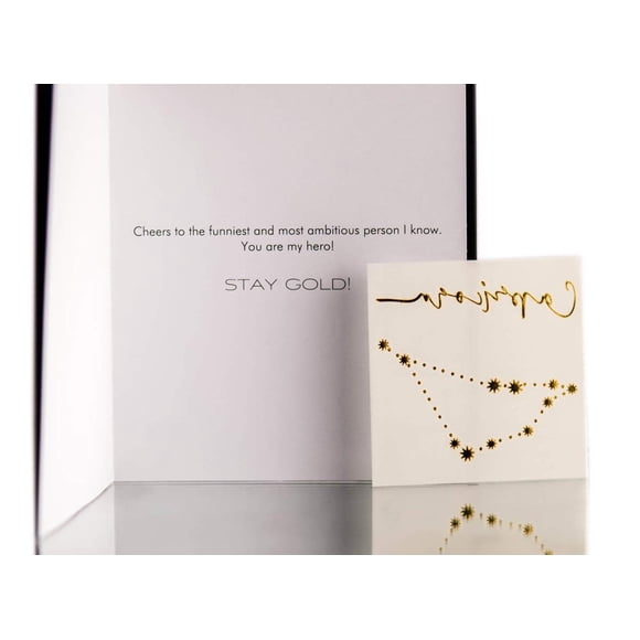 Tarjeta de felicitación Flash Tattoos del zodiaco Capricornio en lámina dorada