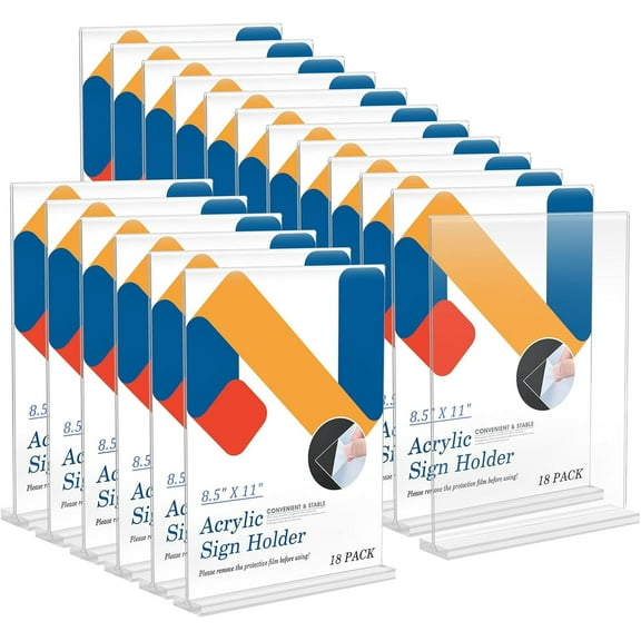 18 Pack Acrylic Sign Holder 8.5 x 11, Vertical T Shape Plastic Sign Holder with Base, Double-Sided Clear Tabletop Plexiglass Flyer Stands for Restaurant Office Store Home Picture Frame Display