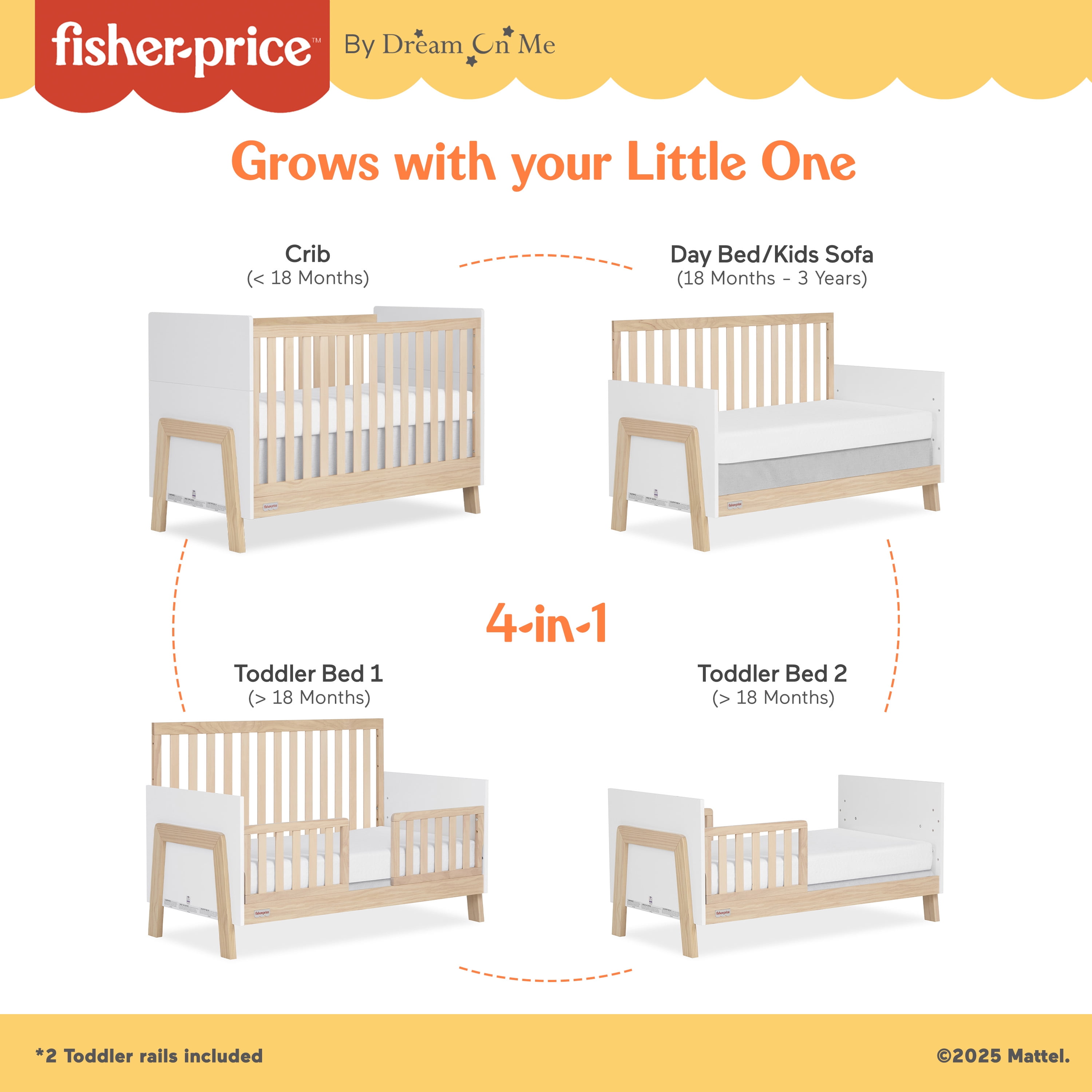 Fisher Price Iris 5-in-1 Convertible Crib by Dream On Me in White + Natural