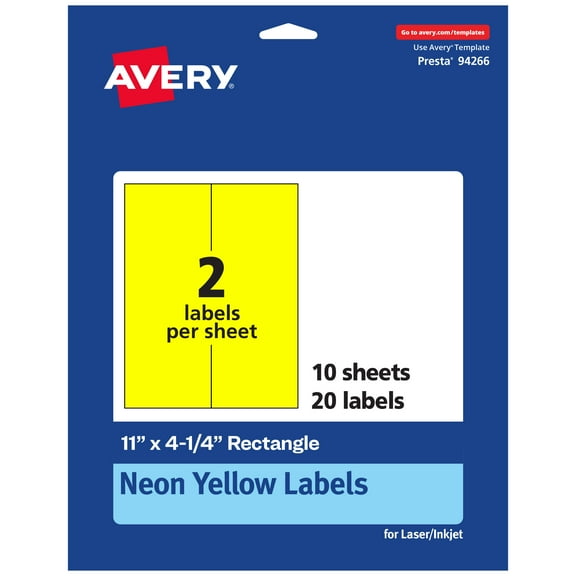 Avery Printable Rectangle Labels, Neon Yellow, 11" x 4.25", 20ct