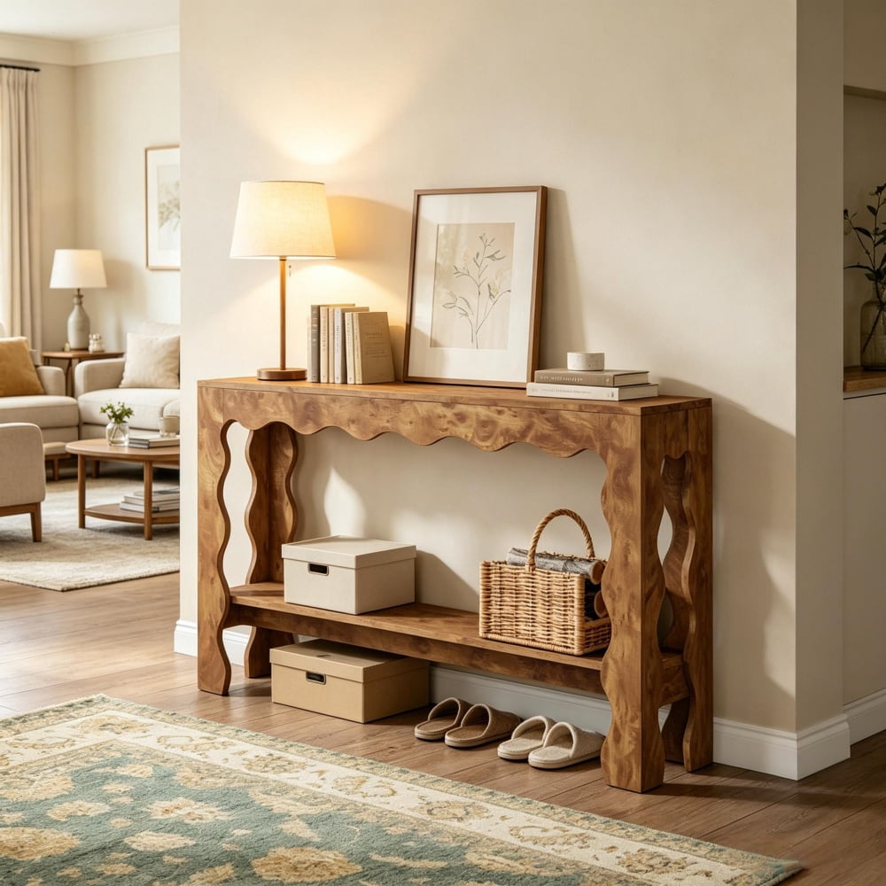 63 Inch 2-Tier Console Table with Scallop Design, Engineered Wood Accent Table with Curved Legs, Storage Sofa Table for Home Decor