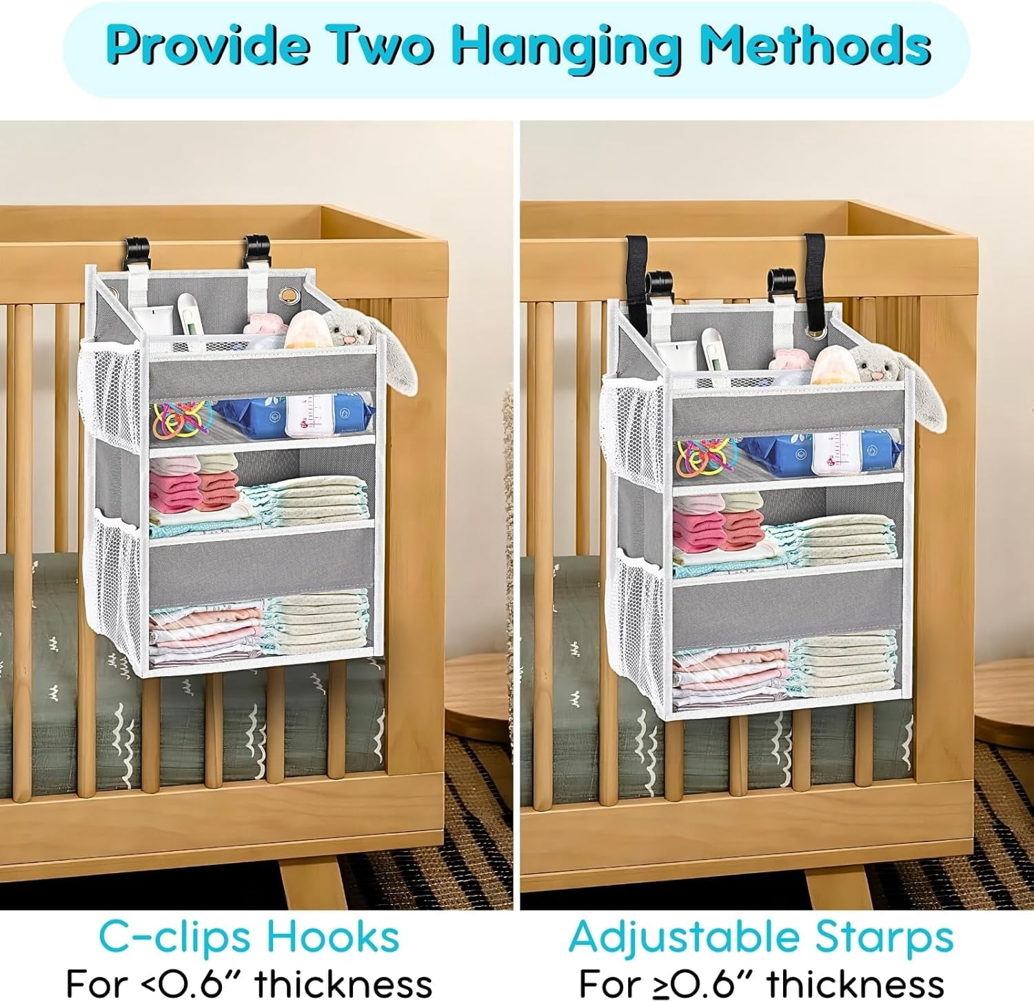 Hanging Diaper Organizer for Changing Table, Durable 2-Tier Nursery Storage Organizer with Mesh Pockets, Fits Crib, Playard, Wall or Car, Light Gray