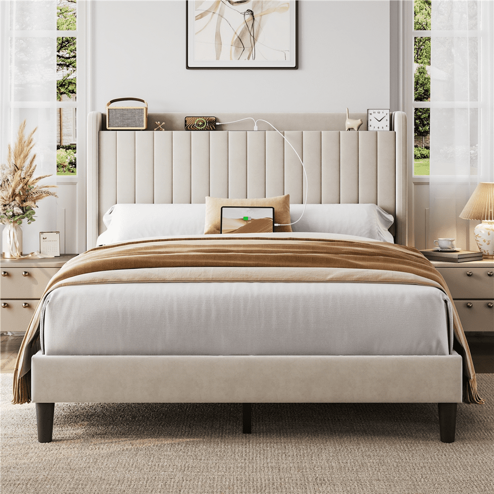 Fullfurnique Velvet Upholstered Bed Frame with Charging Outlets & USB Ports, Queen, Beige