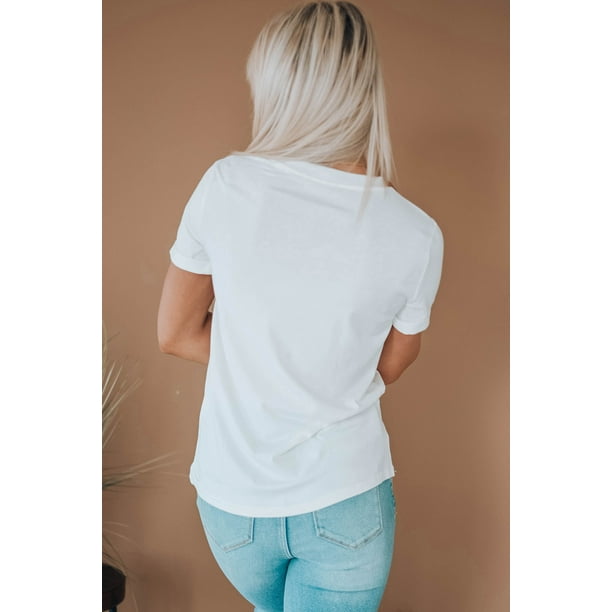 ABPHQTO Camiseta estampada con cuello redondo y estampado de flores blancas para mujer