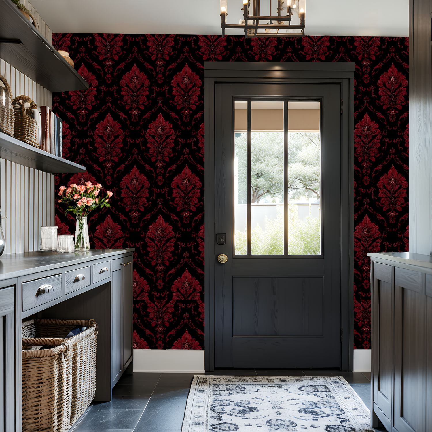 Peel and Stick Wallpaper Red Damask Floral Black Ornate Baroque Motifs Wall Mural 17.7in x 9.8ft Self Adhesive Removable Wall Paper Renter Friendly Wallpaper for Nursery Bedroom Cabinets