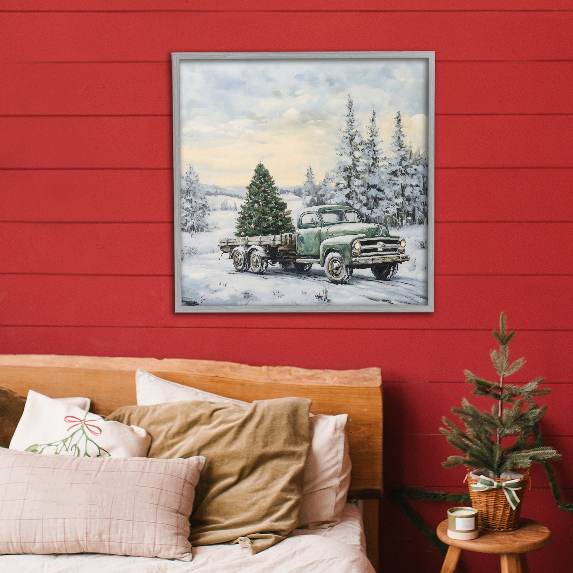 Green Christmas Tree Truck Gray Framed Giclee Art, design by Petal Prints Design