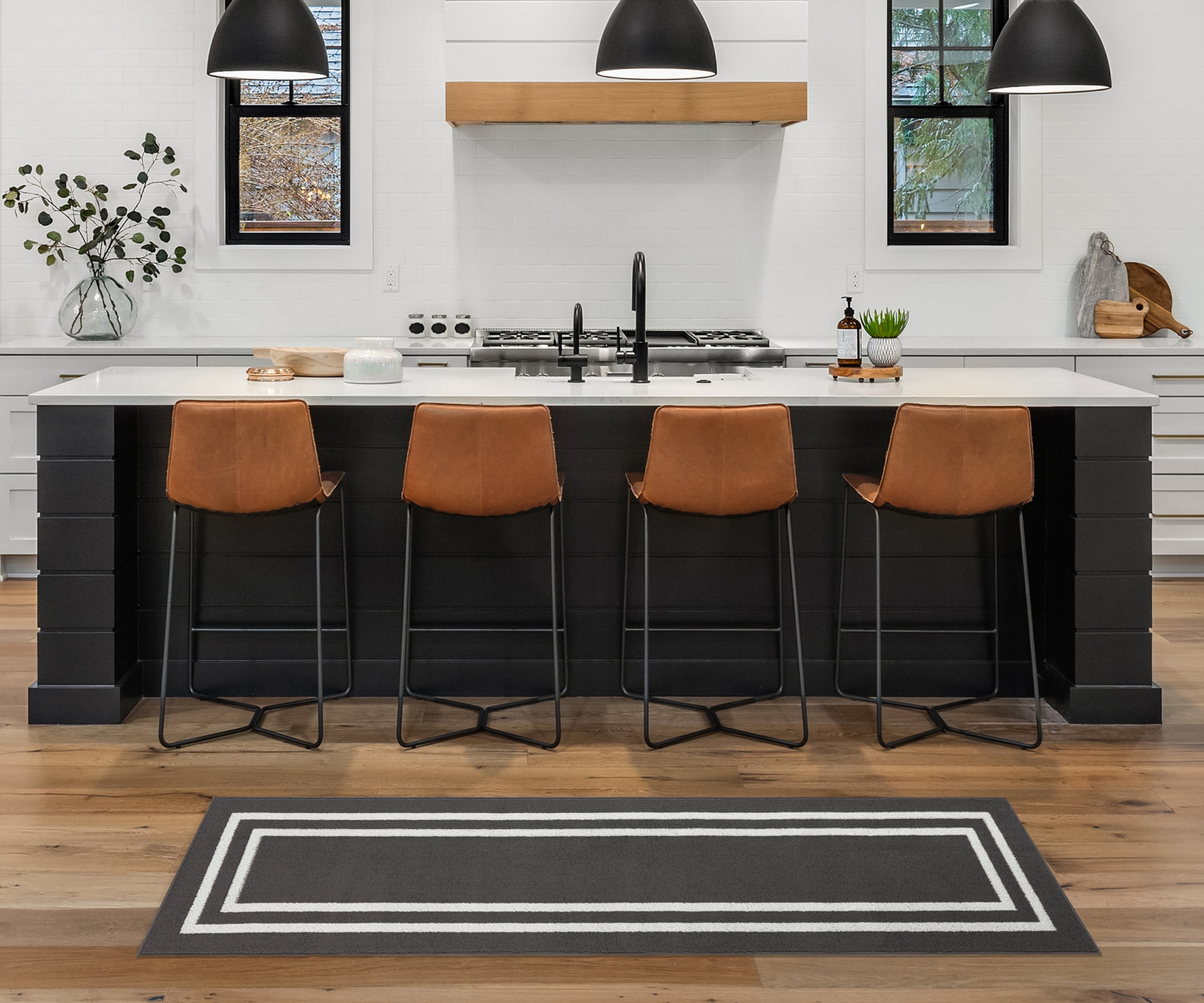 Washable Skid-Resistant Runner Rug, Border, Dark Grey and White, 26" x 72"