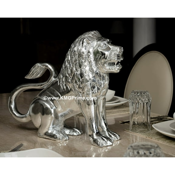 KMG Heavy Aluminum Guardian Lion Statue - Completely Handcarved & Polished - 23 Lbs,16 Inch Long Sculpture for Decoration Living Room, Indoor, Home Decoration Gift. The Metal Lion King Figurine