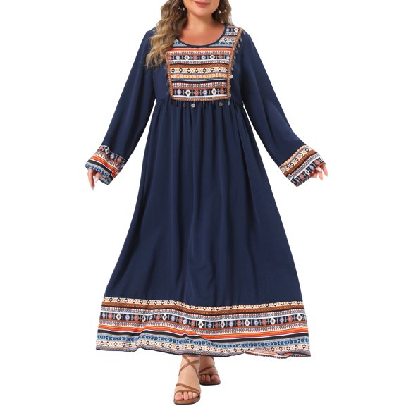 Agnes Orinda Women's Plus Size Boho Maxi Dress Metallic Tassel Long Sleeve Crew Neck Geometric Print Flowy Tiered Holiday Beach A-Line Dresses 1X Navy Blue