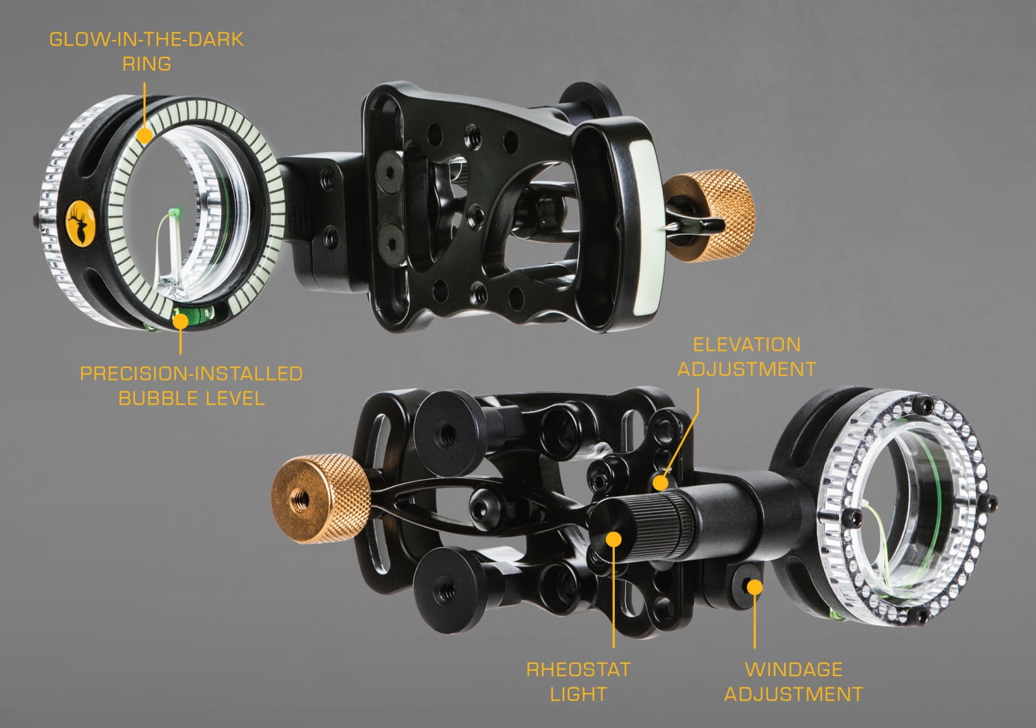 Trophy Ridge Drive™ Slider Sight with Adjustable Indicator Pin, Nylon Bushings for Smooth, Quiet Movement, Precision Installed Bubble Level and Ultra-bright Vertical Fiber Optic Pin