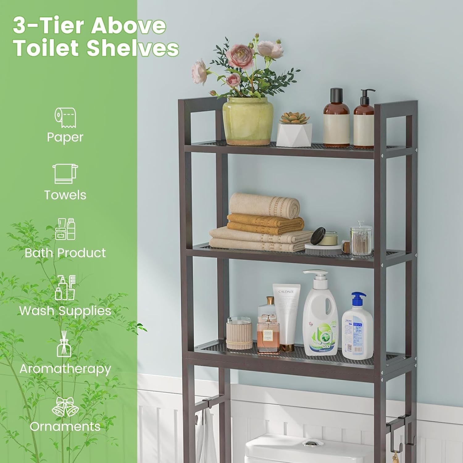 3-Tier Over the Toilet Storage Rack, Freestanding Bathroom Organizer Space Saving w/ Hooks Brown