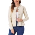 thumbnail image 1 of CHAQUETA DE JEANS PARA MUJER INSPIRADA CHIC, CON BOTONES, HEM PEPLUM, MANGAS LARGAS, CORTA, COLOR BLANCO OSTRA, TAMAÑO XS, 1 of 5