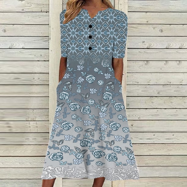 ICHUANYI Clearance Women Fashion Summer Casual Short Sleeve V-Neck Printing Dress Loose Dress(Blue, L) ICHUANYI WER2023080812436