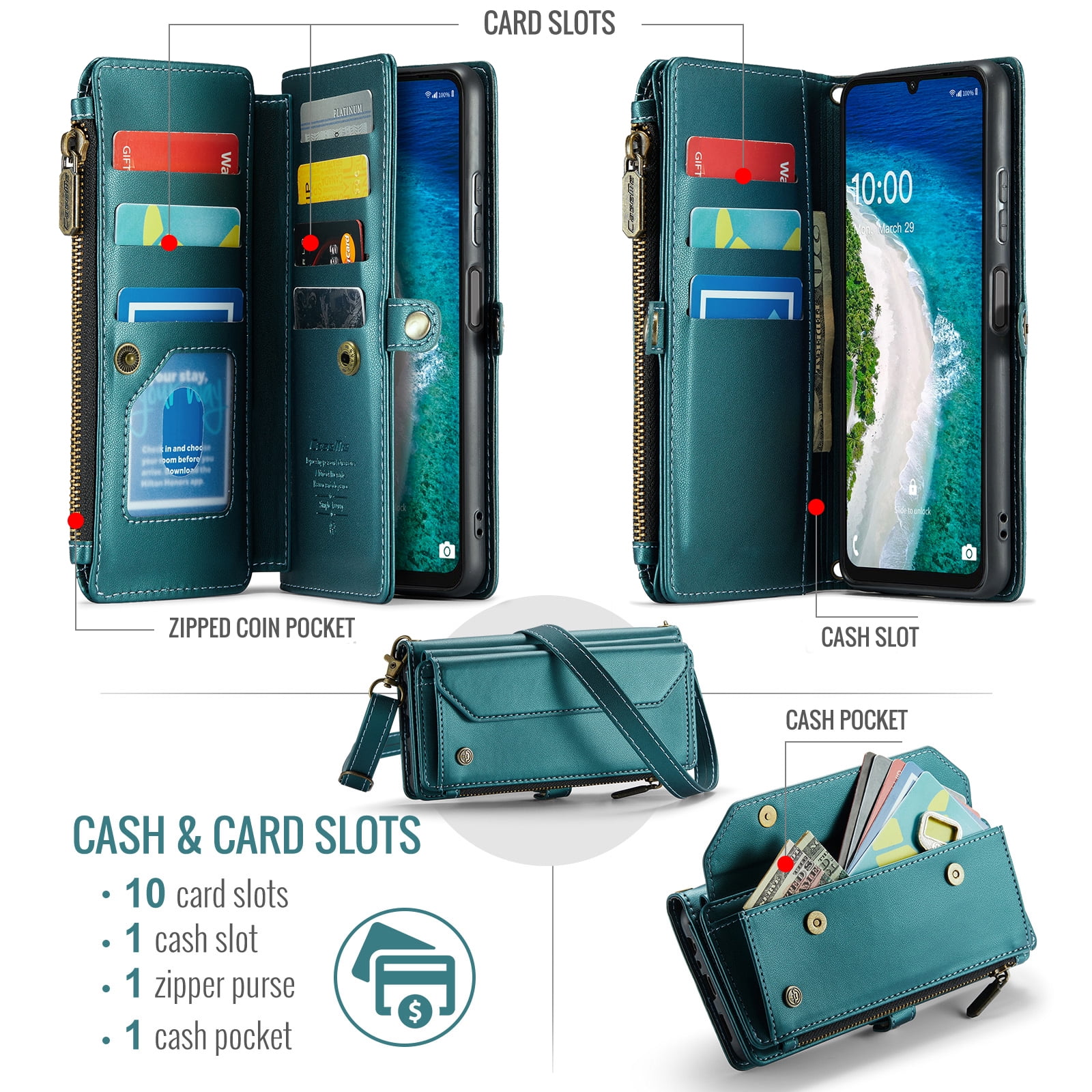 for Samsung Galaxy A16 5G Wallet Case with 10 Card Slots Zipper Pocket,PU Leather Magnetic Flip Folio Wristlet Shoulder Strap 3-in-1 Crossbody Phone Case Wallet for Women Men,Green