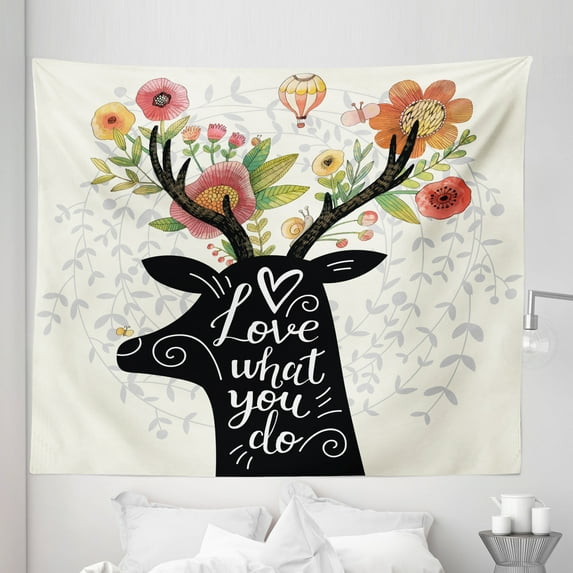 Hipster Tapestry, Love What You Do Words on a Deer Elk Head with Flowers Horns and Hot Air Balloon, Fabric Wall Hanging Decor for Bedroom Living Room Dorm, 5 Sizes, Multicolor, by Ambesonne