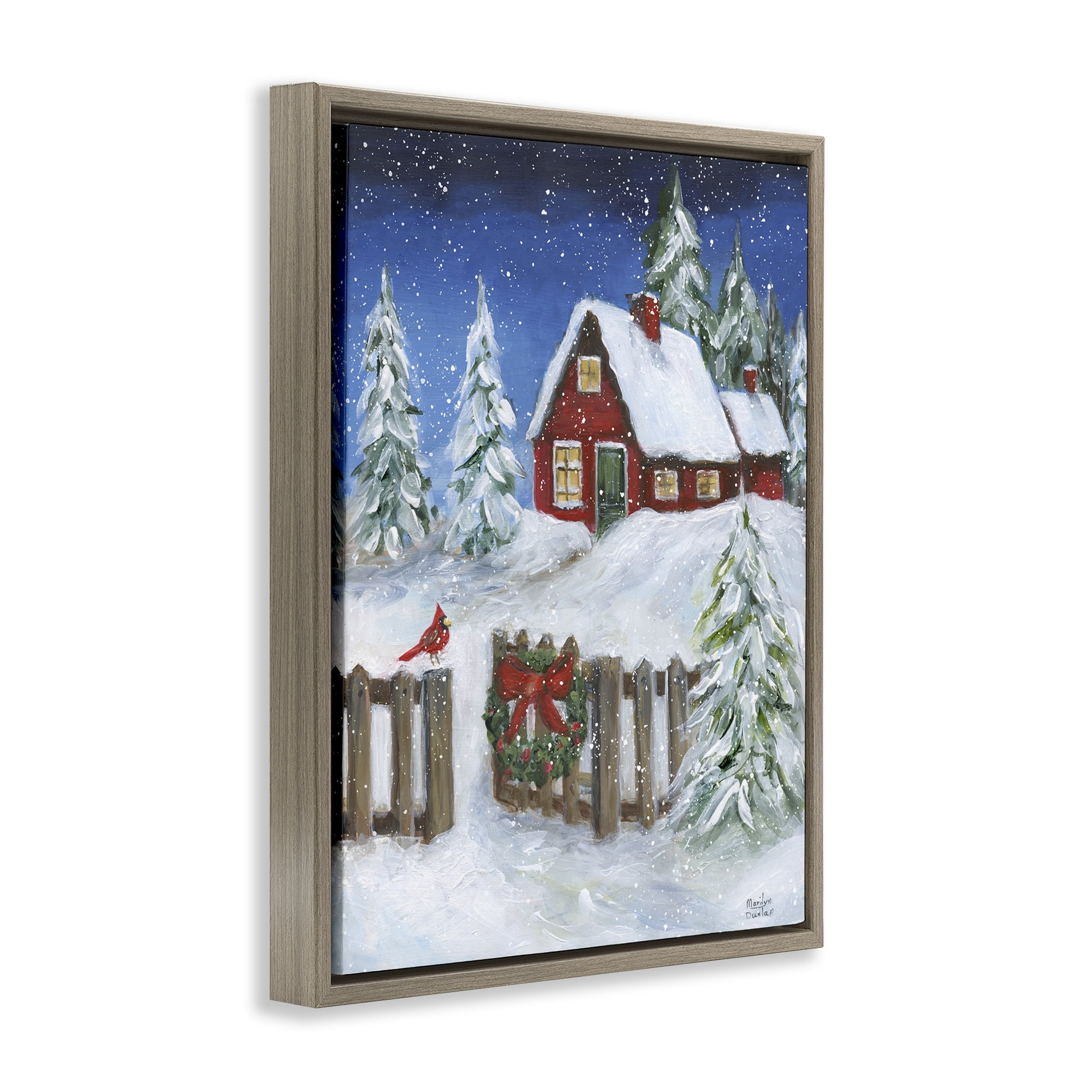 Stupell Industries Traditional Winter Scene Holiday Painting Brown Floater Framed Canvas Art Prints Wall Art, 17 x 21