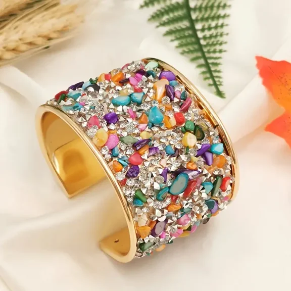 1pc Shiny Rhinestone Rainbow Cuff Bangle Bracelet for Women - Classic and Colorful Wristband Accessories