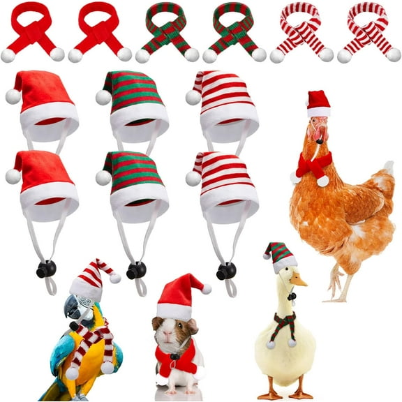 12Pcs Christmas PET Hat Scarf Set Mini Santa Hat Scarf Xmas Small Animal Hat with Adjustable Chin Strap for Hen Duck Bunny Cat Dog Hamster Guinea Parrot