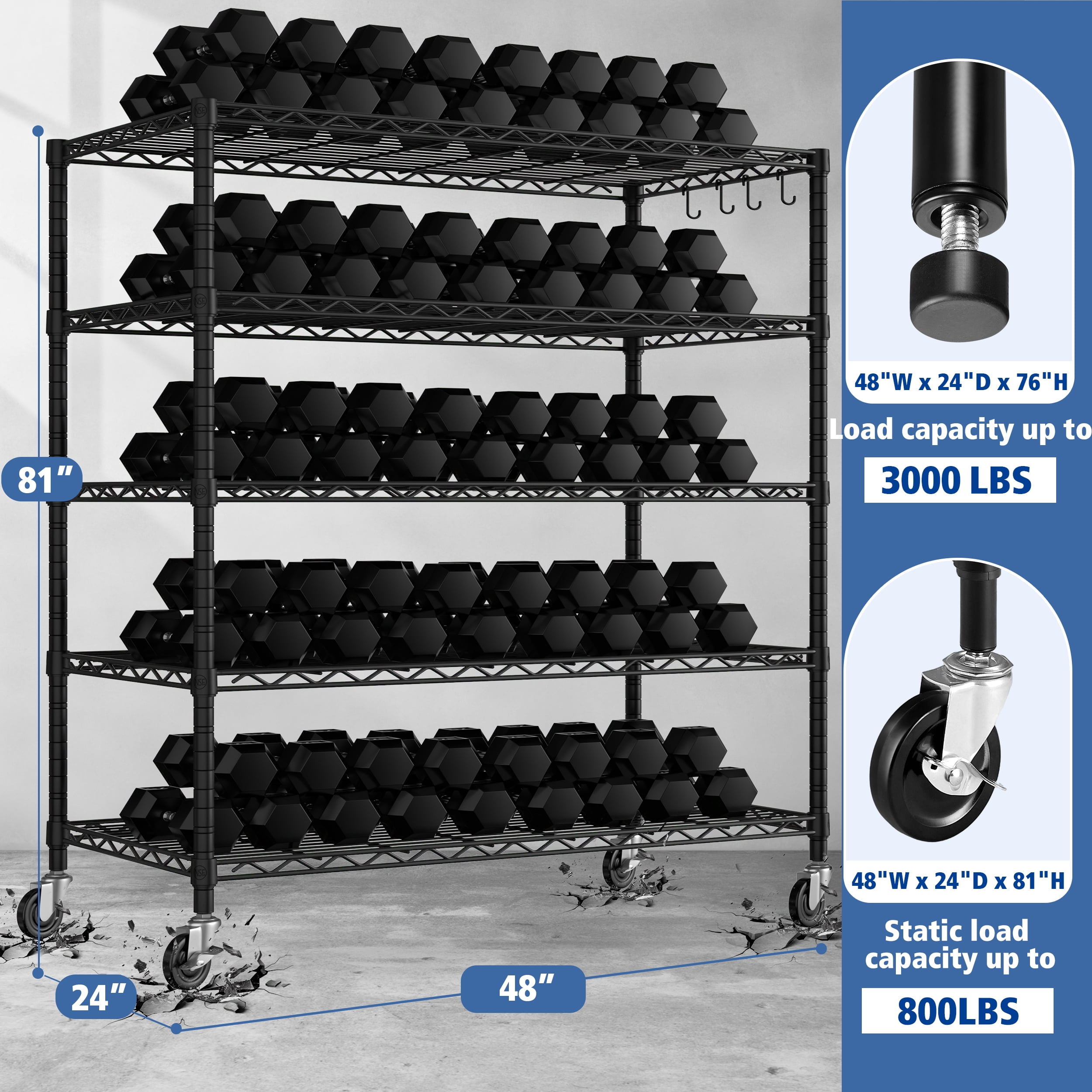 TrumanPick 5-Tier Storage Shelves, 48"W x 24"D x 76"H Metal Garage Shelving with Wheels, Heavy Duty Wire Shelving Rack for Kitchen, Black