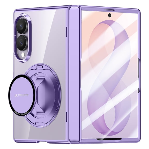Dteck for Samsung Galaxy Z Fold8 Case with 360 Spin Magnetic Kickstand, Hinge Protection with Built-in Screen Cover, Crystal Clear Plating Frame Shockproof Cover,Purple