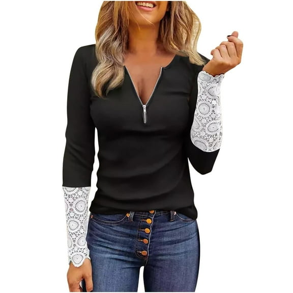 Womens Shirts Tshirts Long Sleeve Womens Workout Tops Fall V-Neck Lace Printed Off-The-Shoulder Sexy Loose Blouses Casual Black S