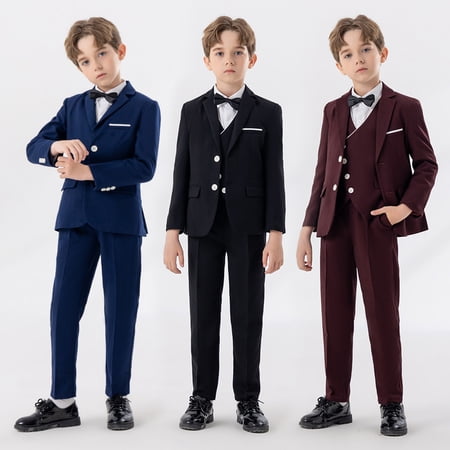 Swuxness Boys British Style Blazer Boys Shirt Jacket Tank Pants Bow Ties 5 Piece Formal Dress Outfit Suits Black 5-6 Years