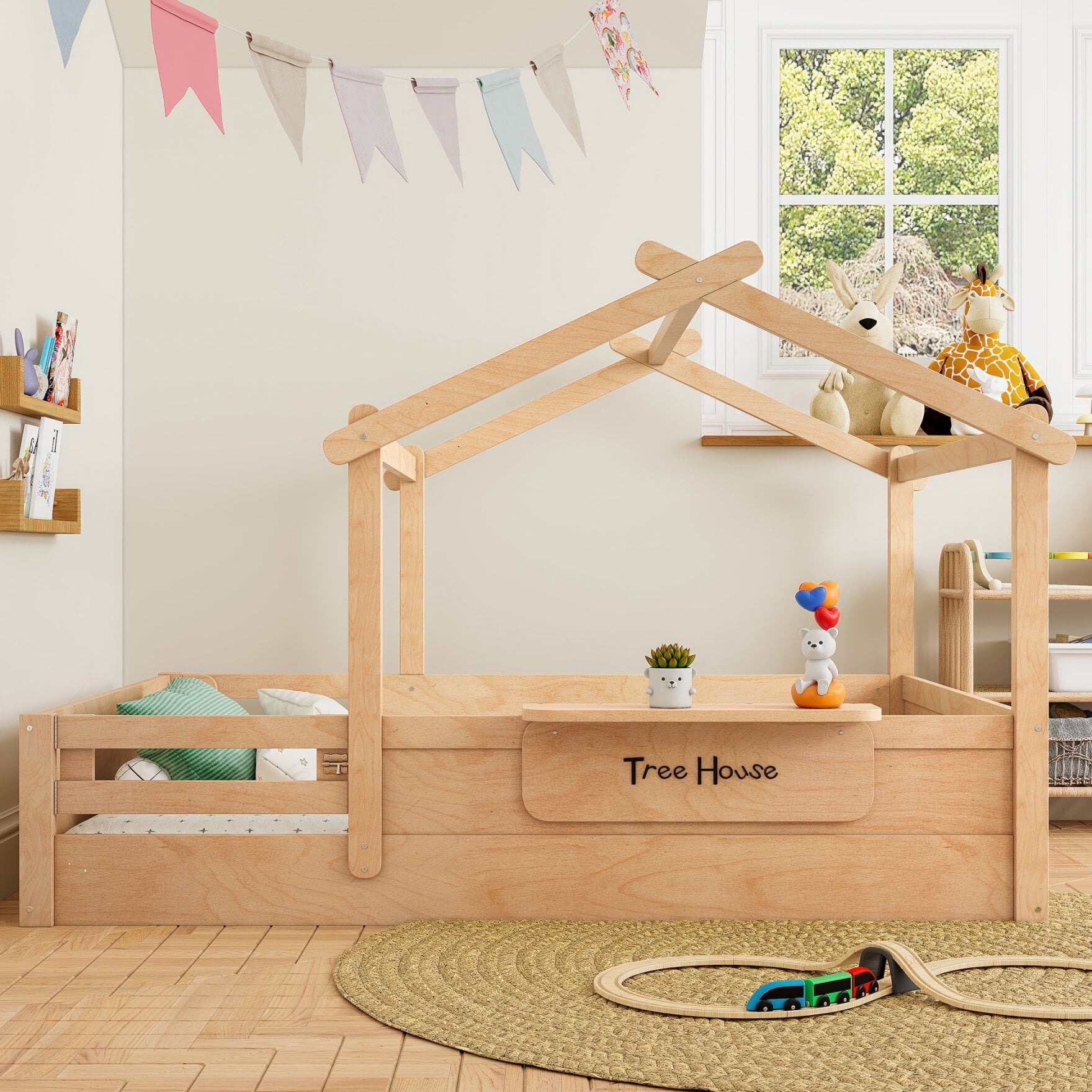 Full House Bed for Kids, Wooden Montessori Floor Bed with Door and Fence, Playhouse Roof Toddler Floor Bed with Built-in Tray for Boys & Girls, Natural