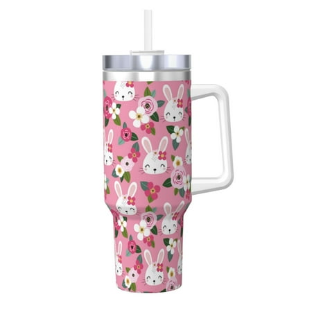 

Goofa Rose Rabbit Print 40oz Ice Bully With Handle And Straw Stainless Steel Vacuum Insulated Cup And 2 In 1 Straw Lid