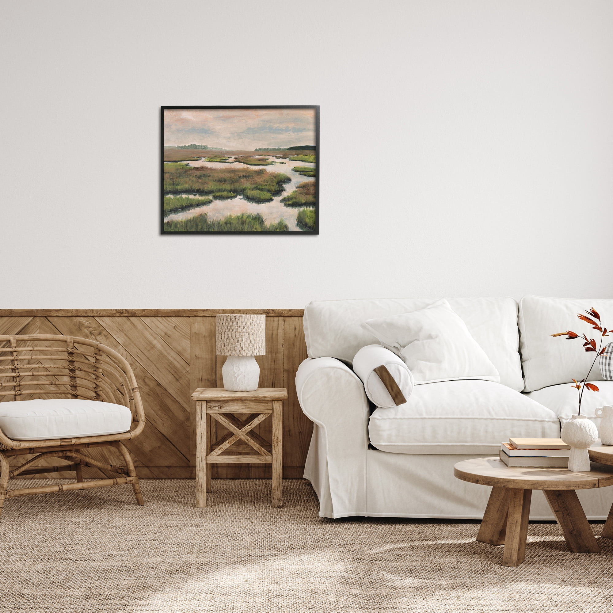 Stupell Industries Asymmetrical Stream Nature Landscape Painting Black Framed Art Print Wall Art, 30 x 24