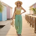 thumbnail image 6 of Women's Pinstripe Linen Palazzo Pants Elastic Drawstring High Waist Flowy Wide Leg Loose Summer Beach Trousers With Pockets Green XL, 6 of 6