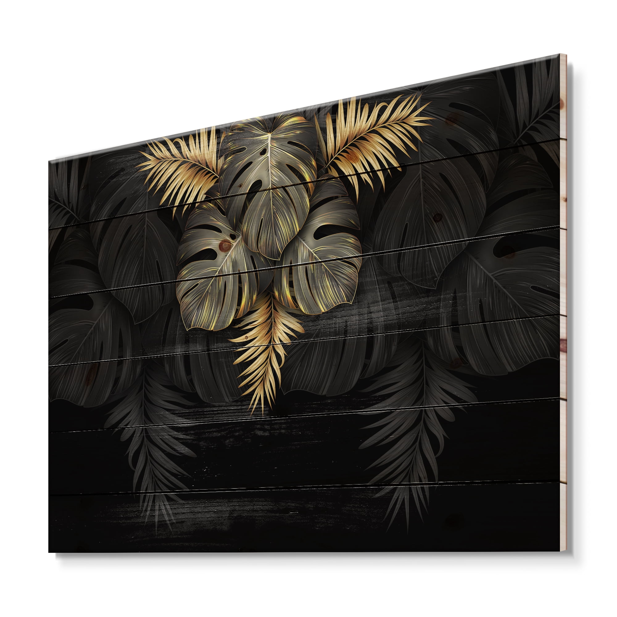 Designart 'Gold and Black Tropical Leaves IV' Modern Print on Natural Pine Wood