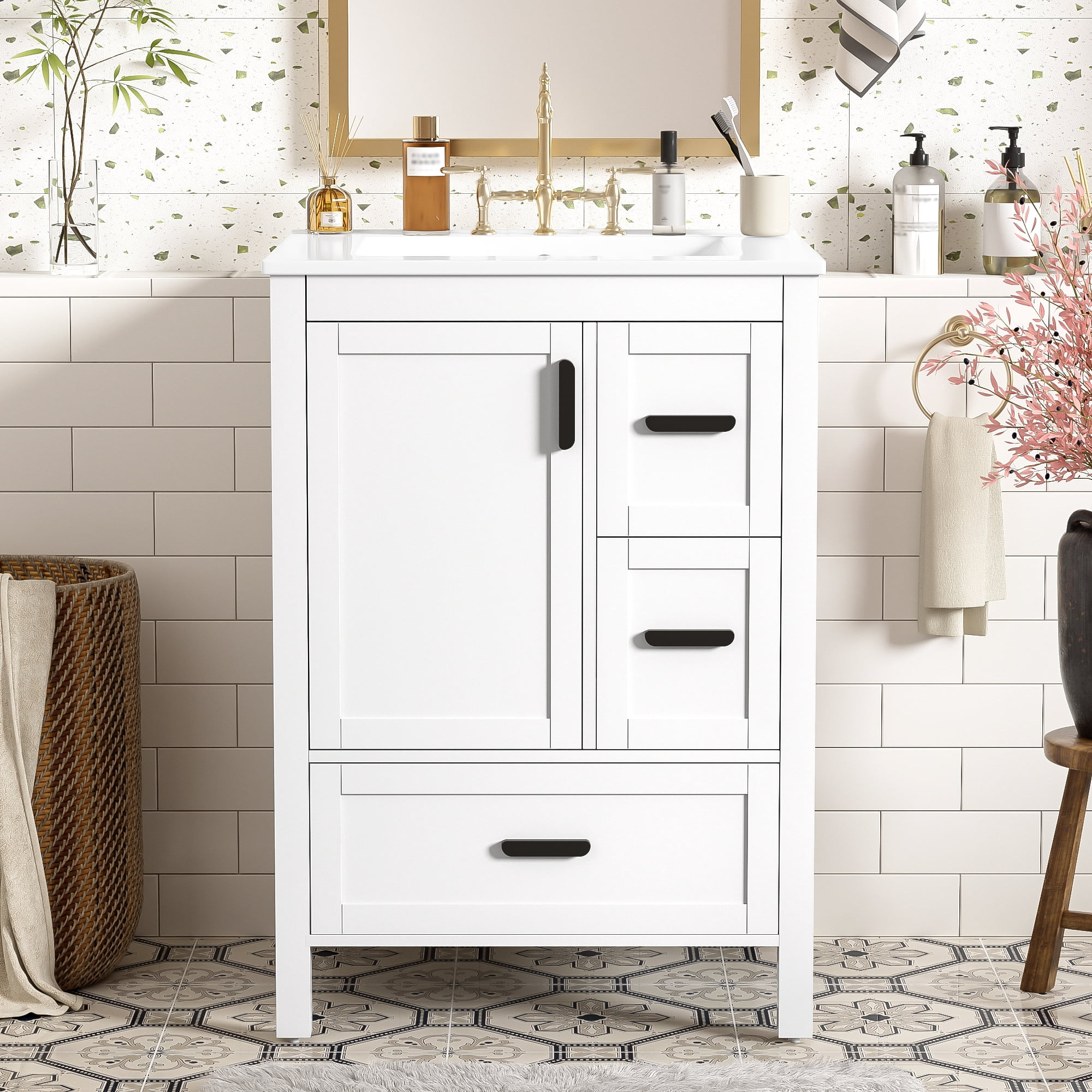 Euroco Modern 24-inch Bathroom Vanity with Ceramic Sink, Soft-Close Door, Double-Layer Door Shelf, and 3 Drawers