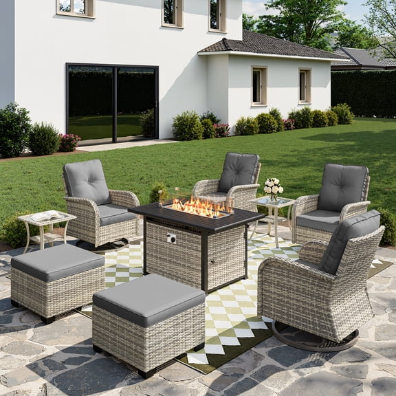 Muphyers 9-Piece Wicker Swivel Rocker Chairs Set with 55000BTU Fire Pit Table & Ottomans, All-Weather Outdoor Patio Furniture Set, Conversation Set for Backyard Porch Deck Garden,Gray