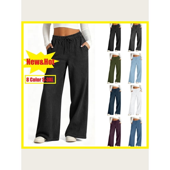 ZHYou Womens Drawstring Wide Leg Jeans Elastic High Waisted Baggy Pull On Casual Trousers,Black,Size L