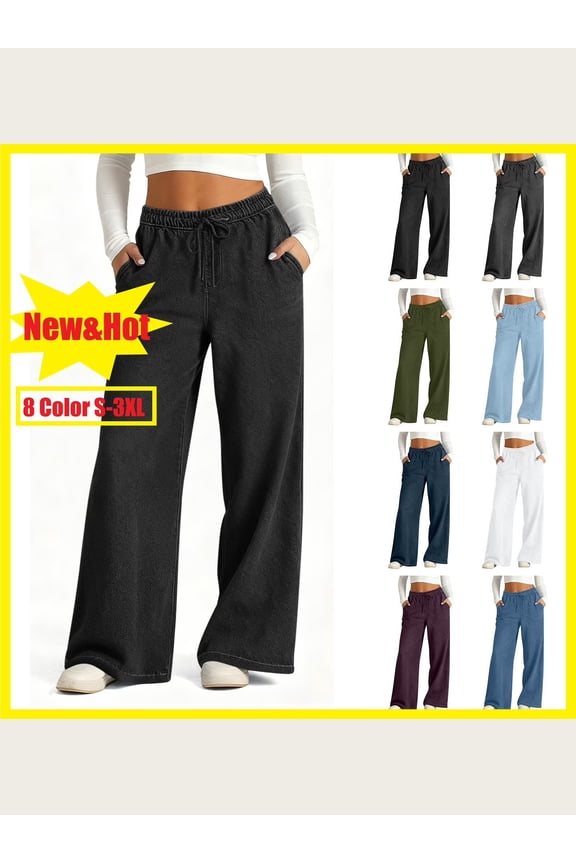 Womens Drawstring Wide Leg Jeans Elastic High Waisted Baggy Pull On Casual Trousers,Black,Size L
