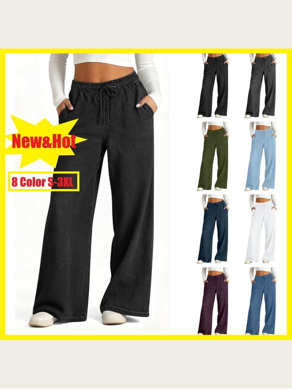 Womens Drawstring Wide Leg Jeans Elastic High Waisted Baggy Pull On Casual Trousers,Black,Size L