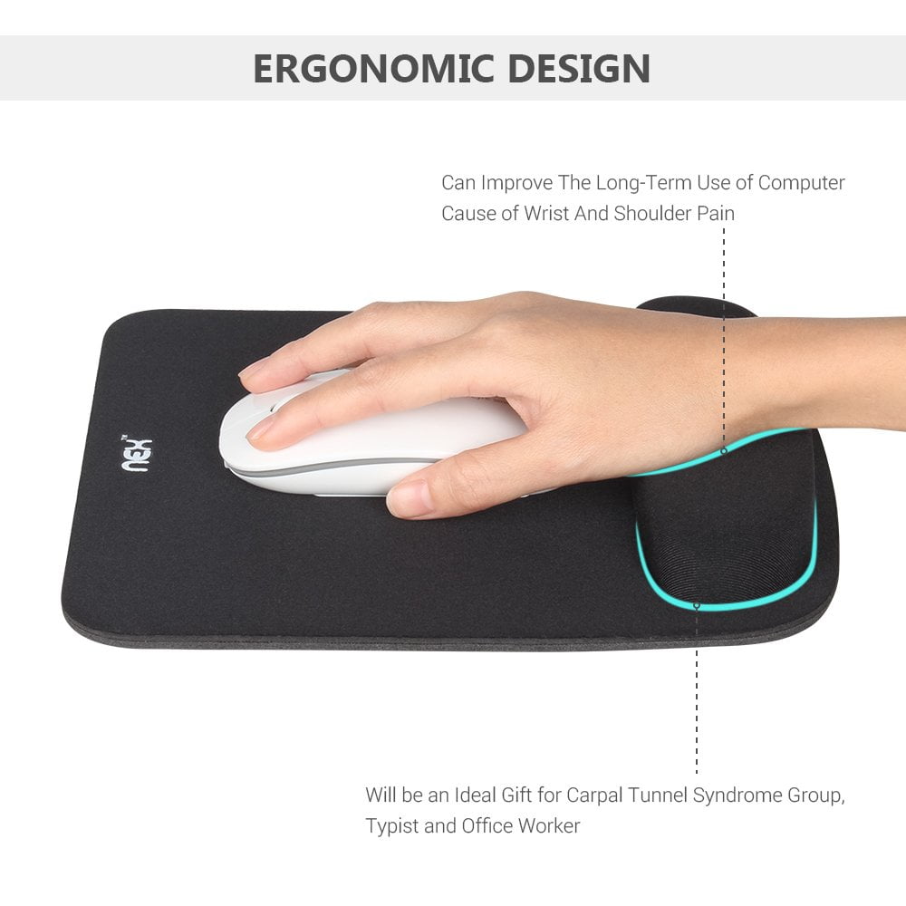NEX Mouse Pad with Memory Foam Wrist Rest, Non-Slip Rubber Base Mouse Mat for Typist Office (Black)
